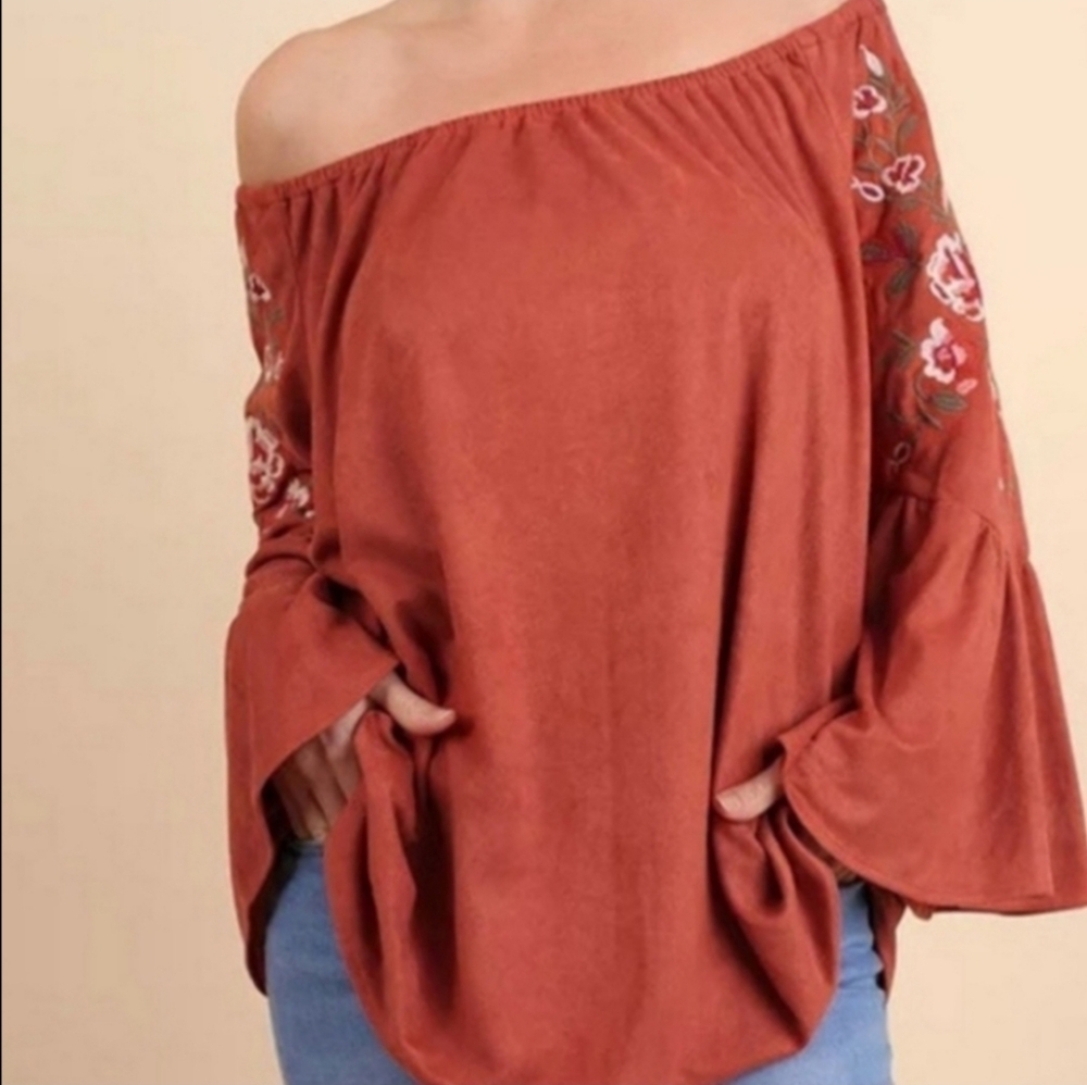 Embroidered Off-Shoulder Suede Like Top in Rust